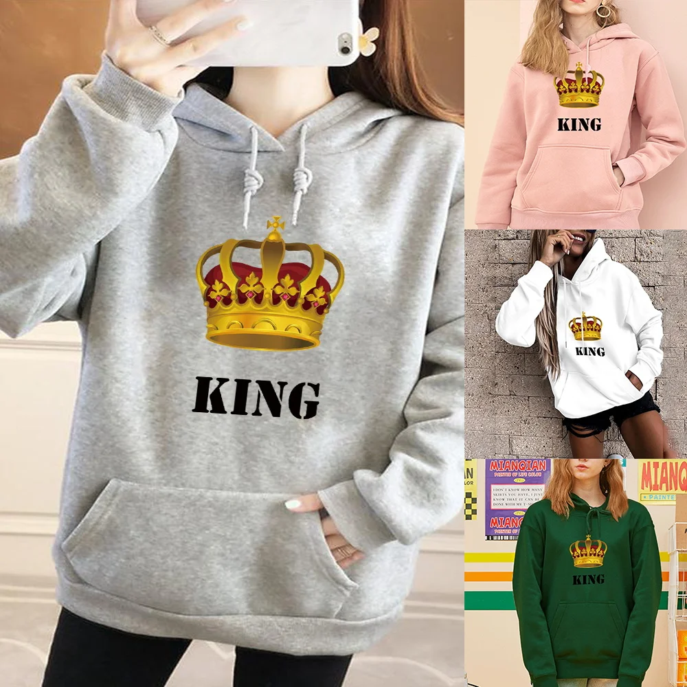 

Women's Fashion Hoodie King Print Top Girls Casual Street Pullover Ladies Harajuku Pocket Long Sleeve Sports New Hoodies Clothes