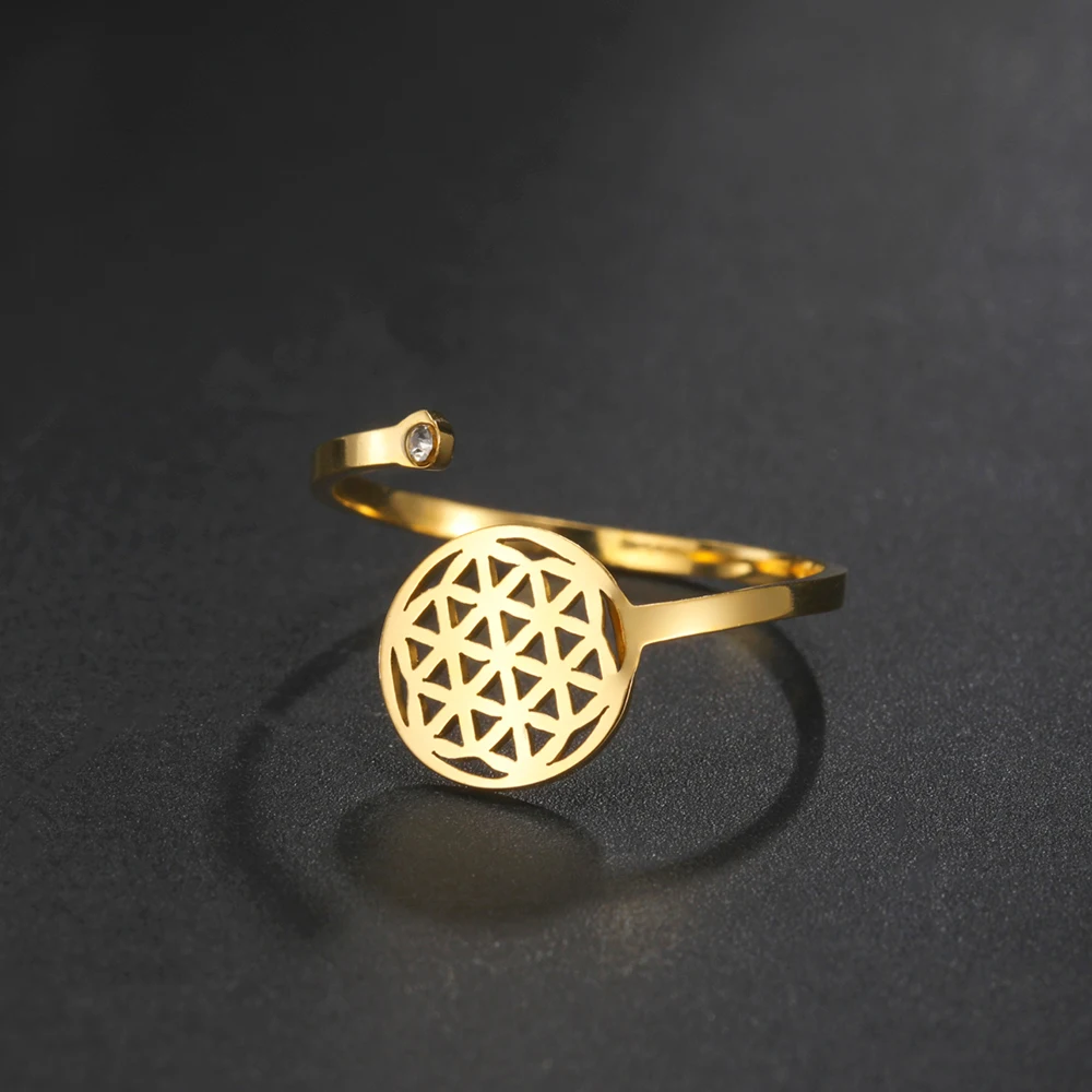 

COOLTIME Women Flower Ring Stainless Steel Adjustable Flower of Life Clear Zircon Amulet Ring Jewelry Birthday Gift