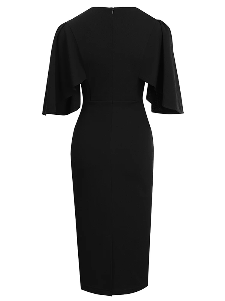 Nice-Forever autunno donna Classy Solid Black Color abiti formale Business Party elegante Vintage Slim Bodycon Dress B970