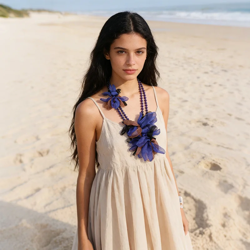 

Colorful Big Petal Long Necklace Women's Bohemian Spring Summer Fashion Accessories, Africa Beads Necklace Vacation Jewelry Gift