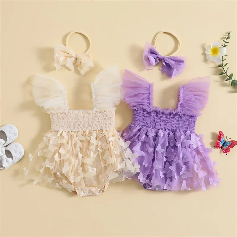 3-24M Infant Baby Girls Princess Romper Dress Summer Sleeveless 3D Butterfly Tulle Tutu Mesh Bodysuit Jumpsuits Headband Sets