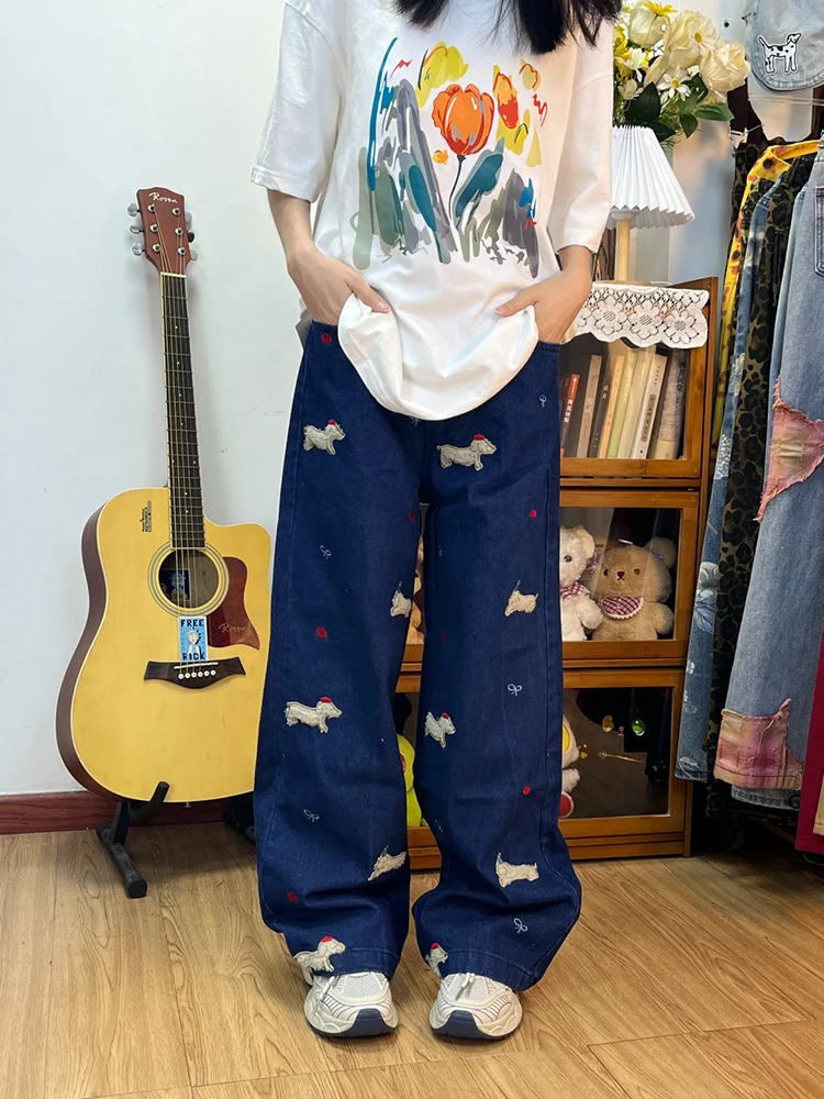 

Американские джинсы с вышивкой и цветочным узором, широкие штанины, женские, с высокой талией, прямого кроя, утягивающие, весенне-осенний дизайн, хит продаж