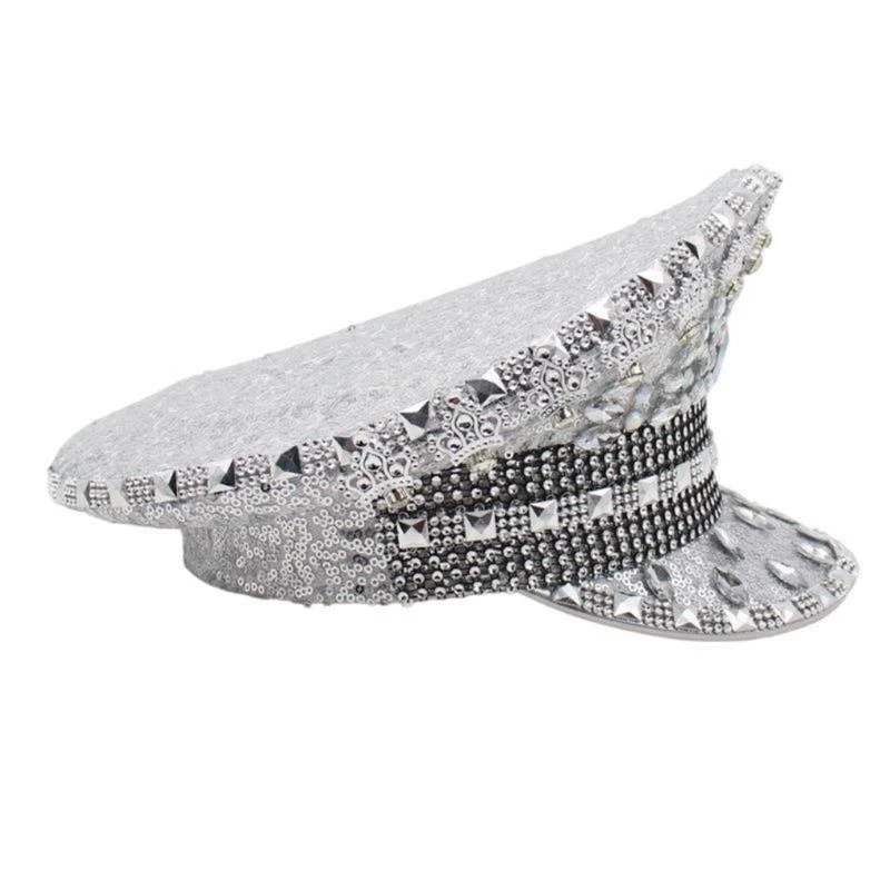 R1WE قبعة عسكرية للعروس من حجر الراين لحفلات الزفاف وحفلات الهالوين قبعة كابتن للسفر والتقاط الصور وقبعة ضابط الزفاف