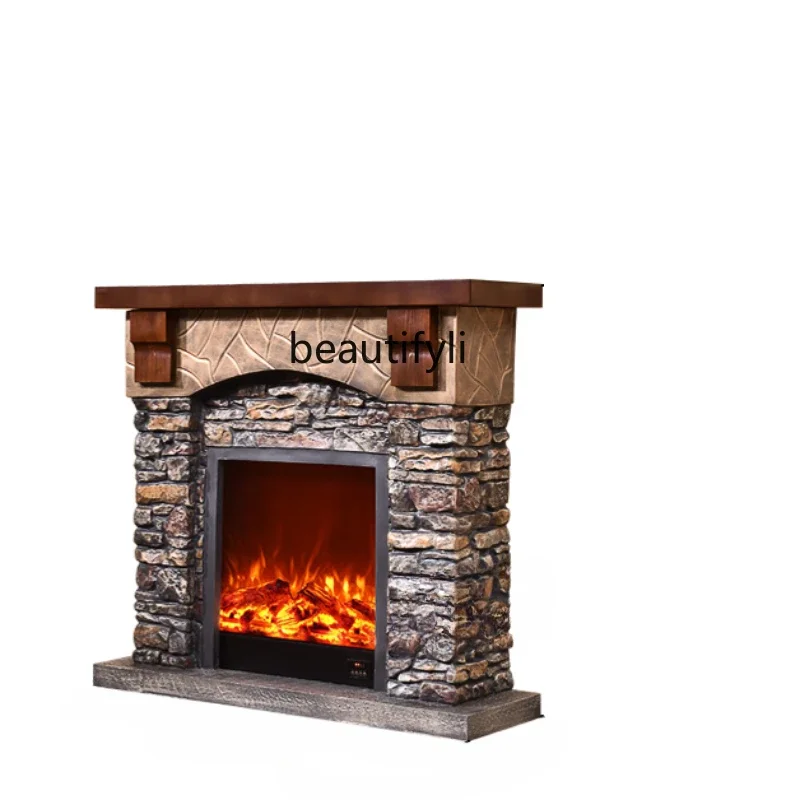 American and European Style Retro Imitation Stone Fireplace Mantel 1.2/1.3/1.42/1.5 M Simulation Flame Heating Stove Heart