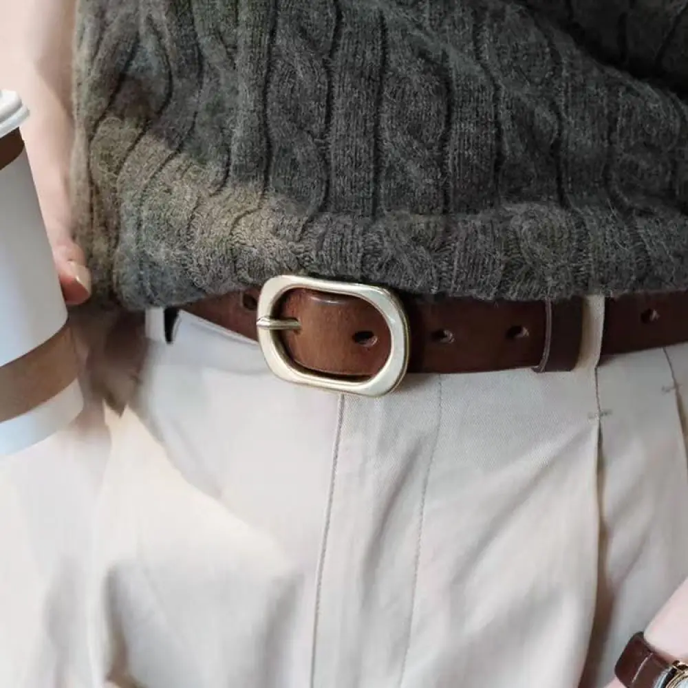Handmade Cowhide Leather Belt Womens Retro Style Brass Buckle Waistband Versatile Fashion Strap For Daily Commuting