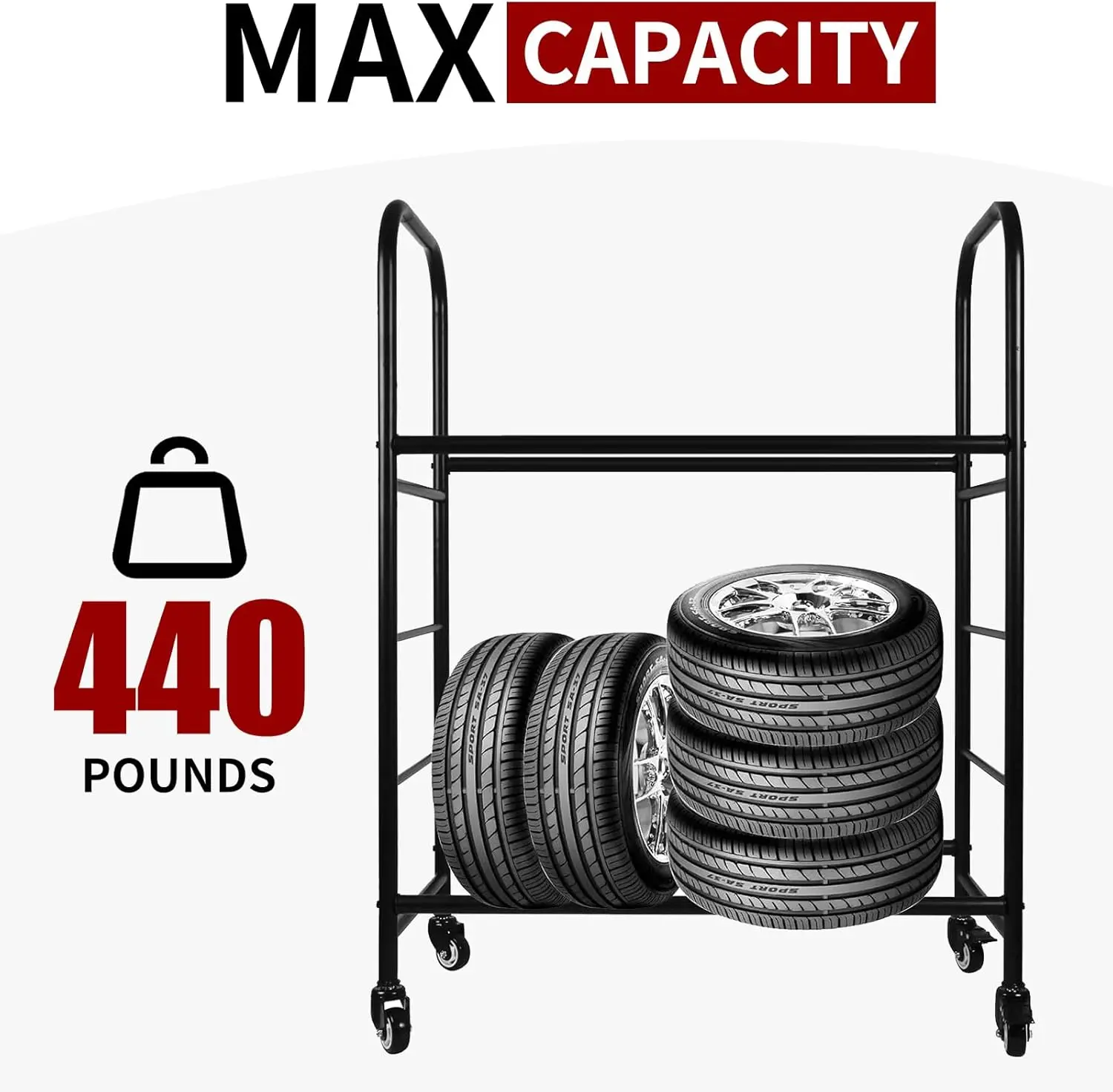 رف تخزين إطارات المرآب المتحرك مع بكرات، يحمل 8 إطارات، أرفف معدنية قابلة للتعديل #2