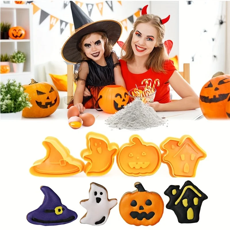 4Pcs/Set Halloween Plunger Cookie Cutter Ghost Witch Hat Pumpkin Biscuit Stamp Mold Fondant Embosser Party DIY Baking Tool