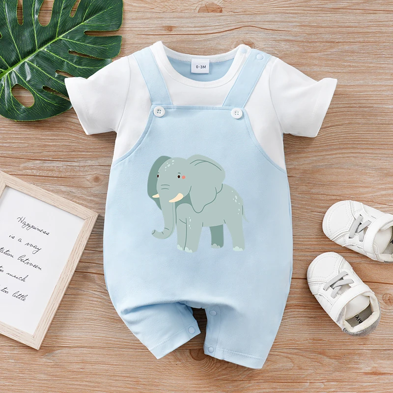 

Летний синий слон с короткими рукавами для новорожденных мальчиков и девочек, милый мягкий и удобный цельный цельный круглый вырез. Подходит для повседневной носки.