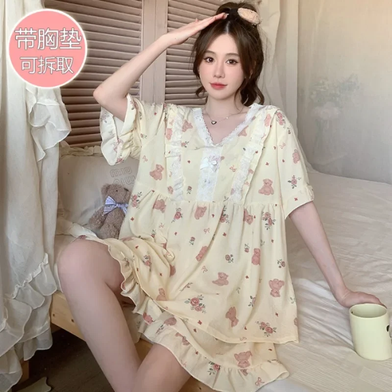 

150KG Plus Size Women Pajama Sets with Cheat Pad Short Sleeve Lace Summer Sweet Sleepwear Princess Soft Loungewear Cozy Homewear