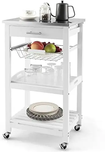 Kitchen Island Cart with Drawer, Rolling Kitchen Cart on Wheels with Stainless Steel Countertop, Metal Basket, Serving
