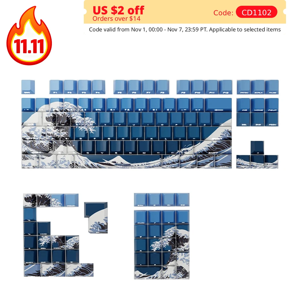 

Один комплект колпачков для клавиш из ПБТ, механическая клавиатура с боковой гравировкой, колпачок для клавиш с вишневым профилем, полупрозрачные игровые клавиатуры, колпачки, дизайн океанских волн