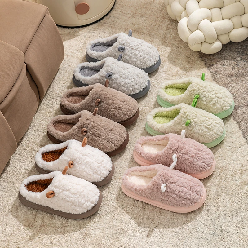 Winter Home Slippers Men Shoes Cute Cartoon Flat Platform Slippers Women Warm Plush Slides Indoor Bedroom Non-Slip Floor Slipper image 2