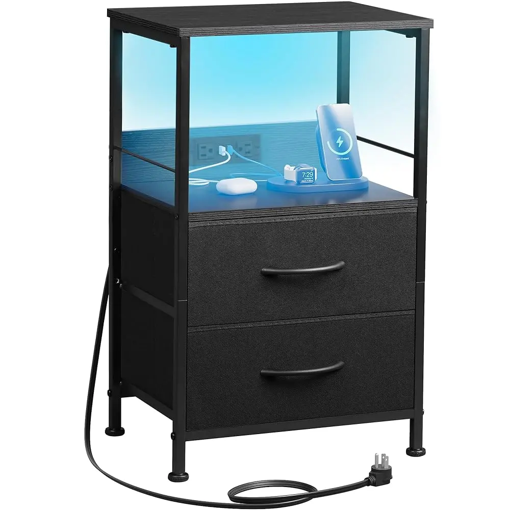 

Night Stand With Charger Station, Bla Nightstand With 2 Fabric Drawers And Storage Shelf, Led Bedside Table, Bedroom Small End