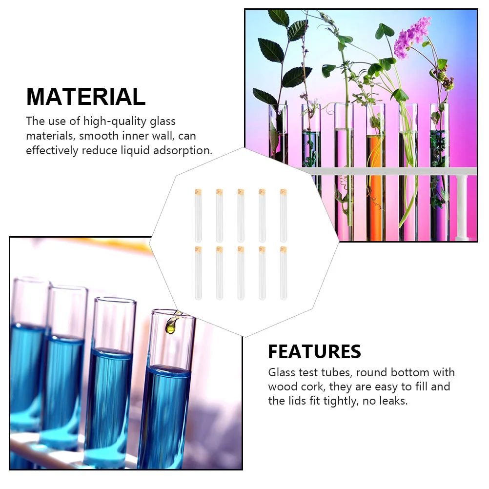 10pcs Glass Test Tube Cork Round Bottom Test Tube Transparent Centrifuge Tubes Sample Storage Glass Container with Wood Cork,