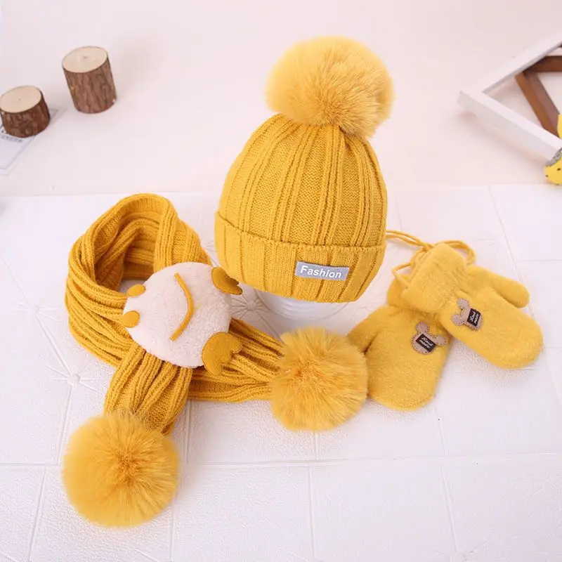 

1-5Y 3PCS Fashion Cotton Baby knit Hat Scarf Gloves Autumn Winter Children Scarf Boys Girls Warm Beanies Caps Scarf Sets