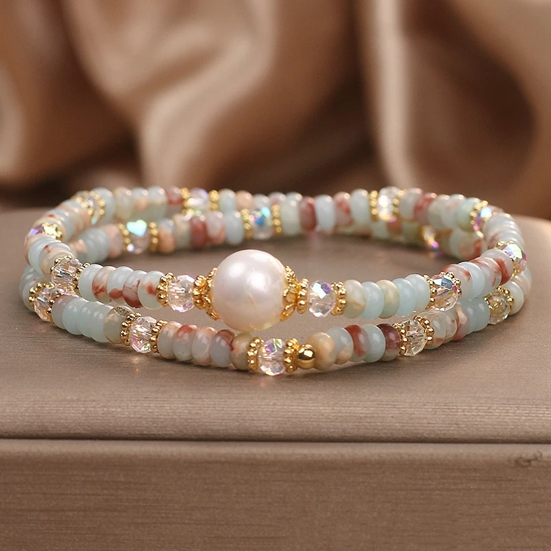 Natural Shoushan Stone Art Retro Forest Series Natural Stone Double Circle Freshwater Pearl Retro Bohemian Bracelet