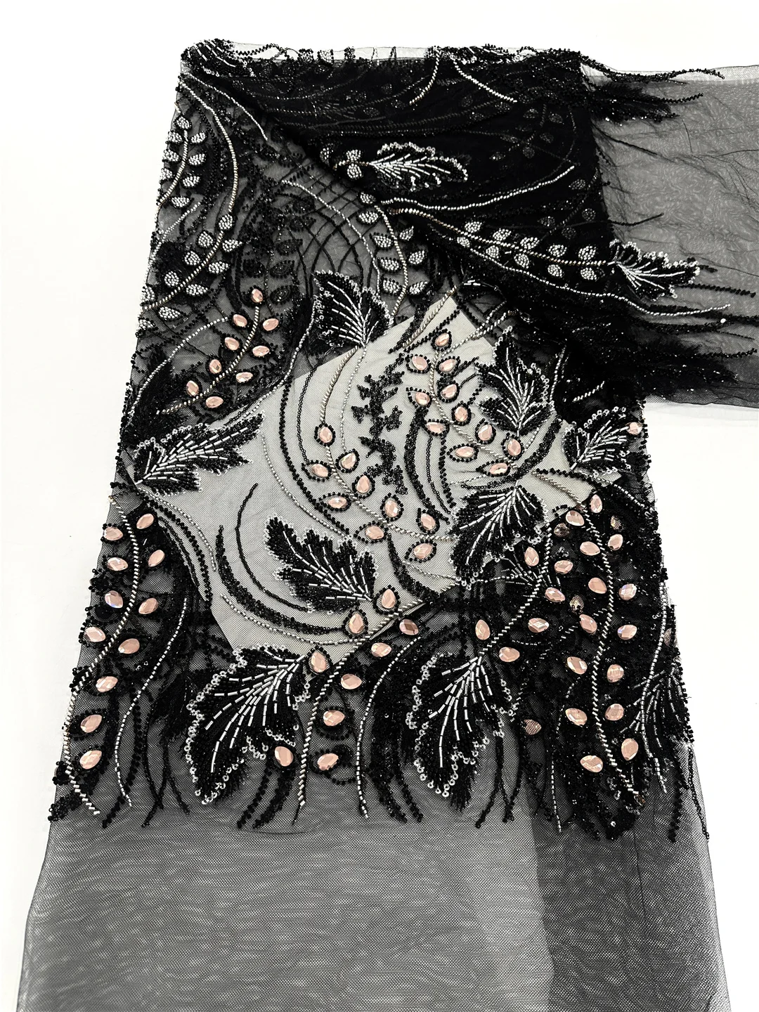 

5 Yards Luxury High-end Beaded Fabric Heavy Sequins Embroidery Fabric Fashion French Tulle Mesh Lace Fabric for Wedding