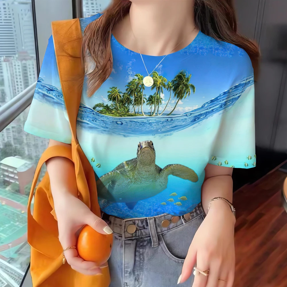 

Funny Women's T-shirts 3D Sea Turtle Print Short Sleeves Tees Casual Fashion Women Clothing Tops Loose O-neck Street Pullover