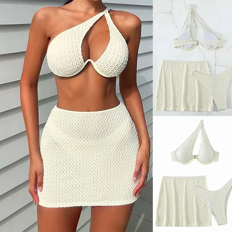 Conjunto de biquíni branco sexy de três peças, ombro plissado, corte baixo, divisão, férias quentes primavera, beira-mar saia curta maiô, verão