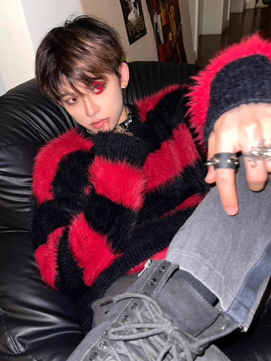 Red And Bla Striped Color Blo Sea  Wool Men's Lazy Sle High End Knitted Sweater Winter Fake  Fur Couple's Jaet - Image 4