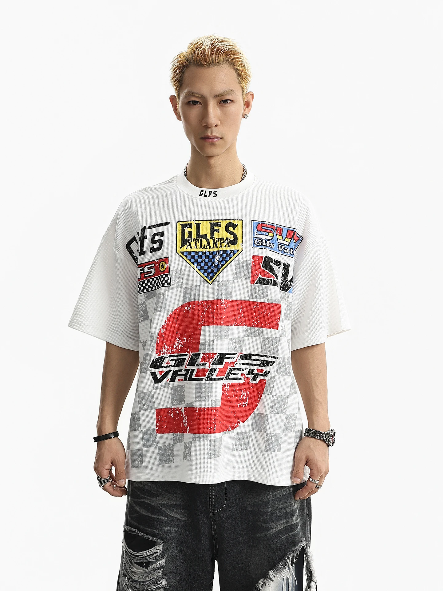 BETEBULE American High Street Letter Print round Neck Short Sleeve T-Shirt Men Summer Motorcycle Style Loose Wafer Grid Top