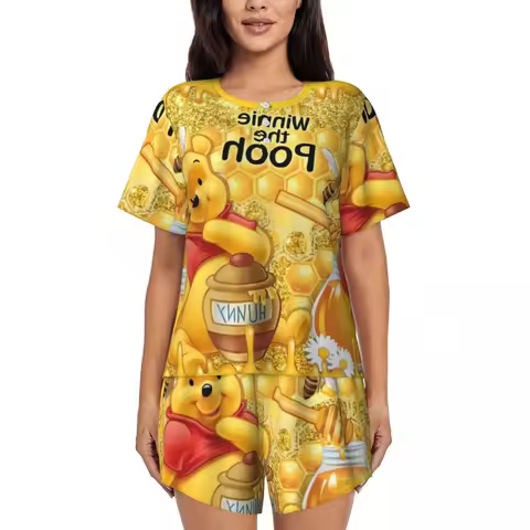 Custom Funny Cartoon Winnie The Pooh Pajamas Set Women Short Sleeve Sleepwear Loungewear 2 Piece Pjs