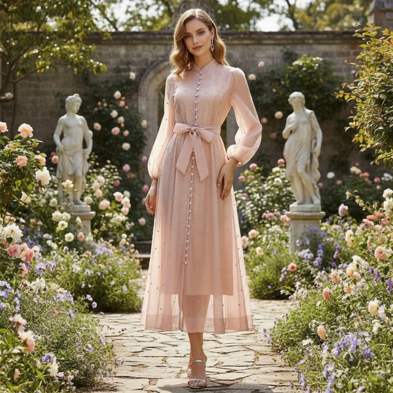 

Unique Design Autumn Winter with Heavy Embellishments, Sleeve, Buttoned Long Dress Women