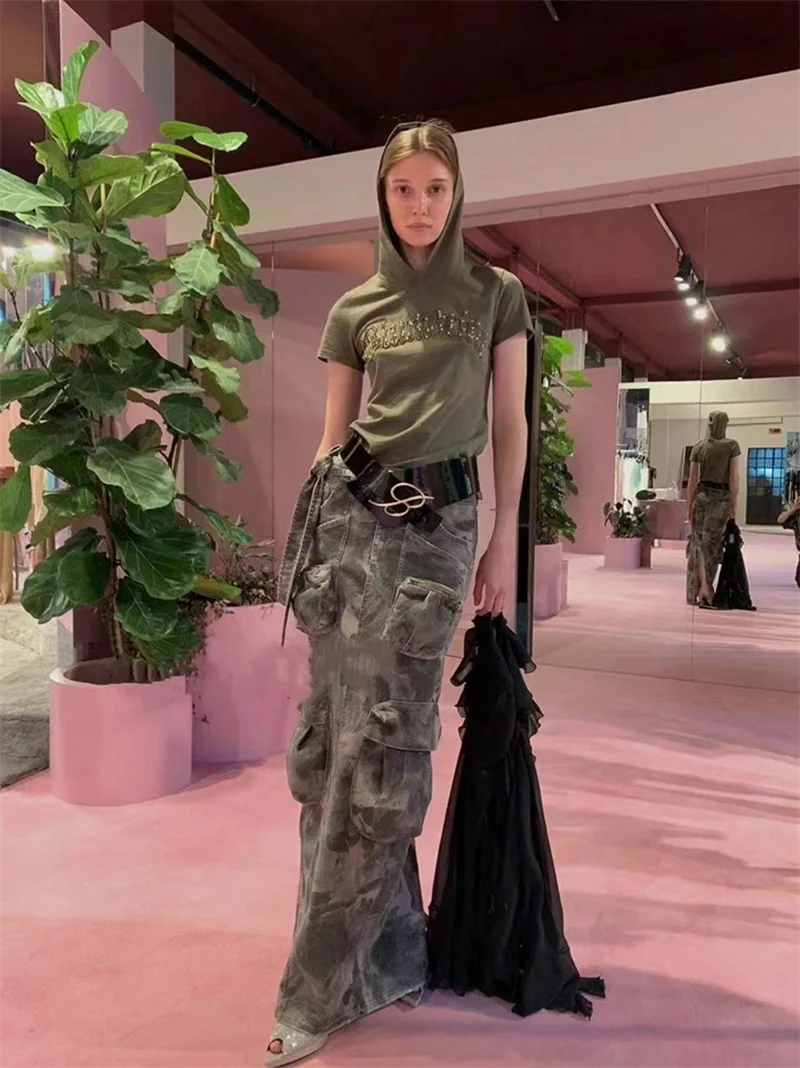 Camo Denim lange Frauen Kleid Frühling Sommer 2023 neueste Arbeits kleidung Tasche geraden Rock Mode heiße Mädchen Straße Wesr auf Lager