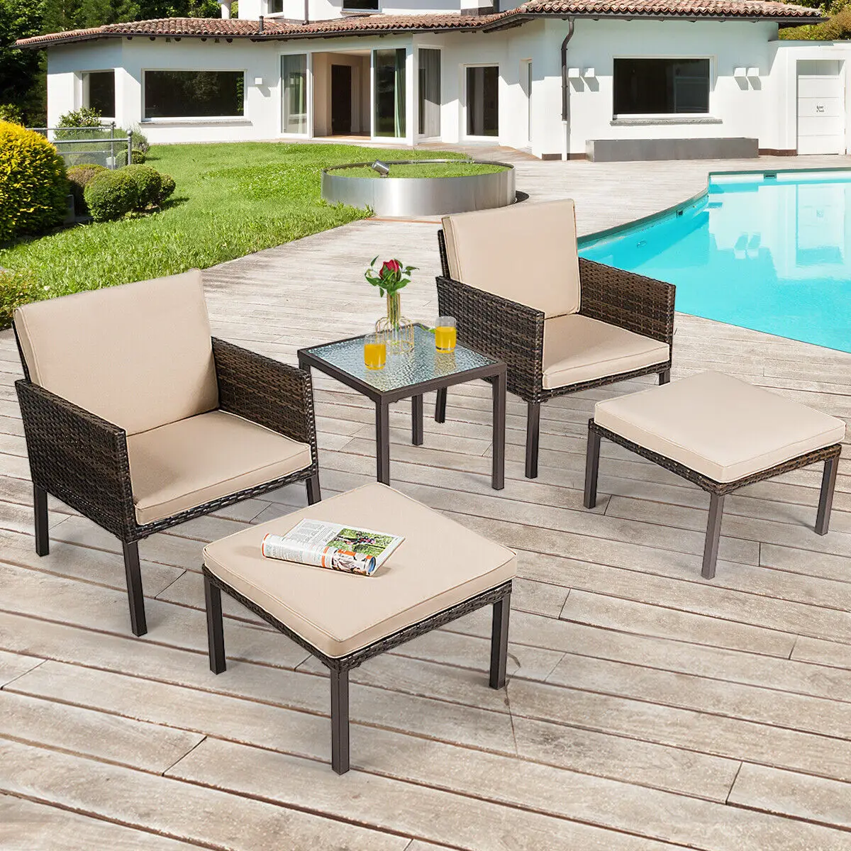 5 PCS Rattan Patio Furniture Set Chairs Ottoman Cushioned Garden Yard Brown