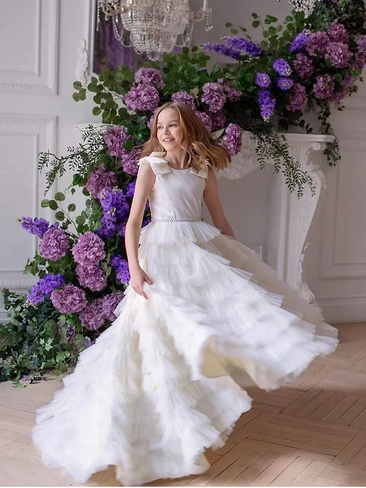 Abiti da ballo per la prima comunione Tulle senza maniche Perline Perle con fiocchi Abito da ragazza di fiori per matrimoni Abiti da festa di compleanno per bambini