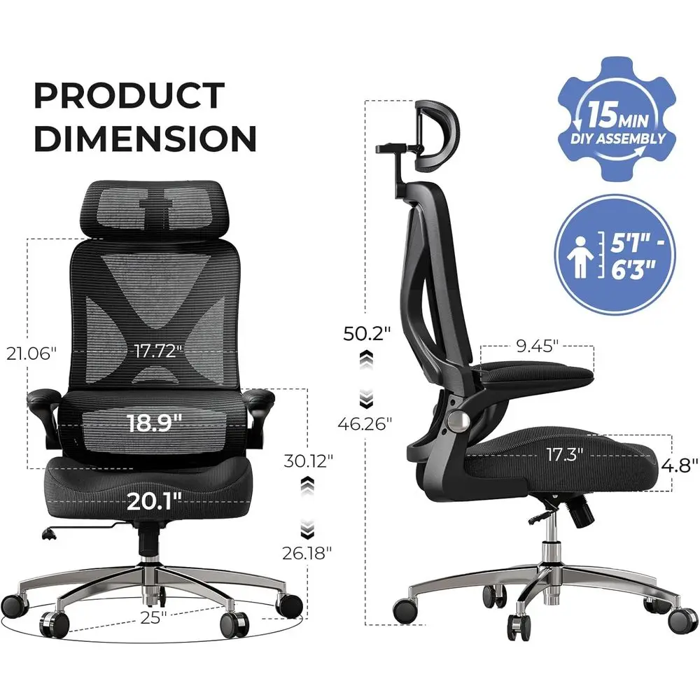 Ergonomic Oice Chair with rest, Lumbar Support, lip-Up Armrests, Thick Memory oam Seat - 350lbs acity, Adjustable Height or Big