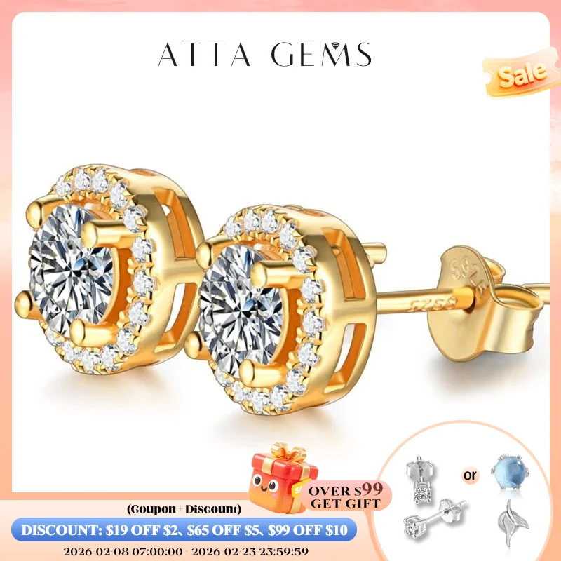 

ATTAGEMS 1 Carat D Color Moissatine Stud Earrings For Women 18K Gold Plated 100% 925 Sterling Silver Wedding Party Fine Jewelry