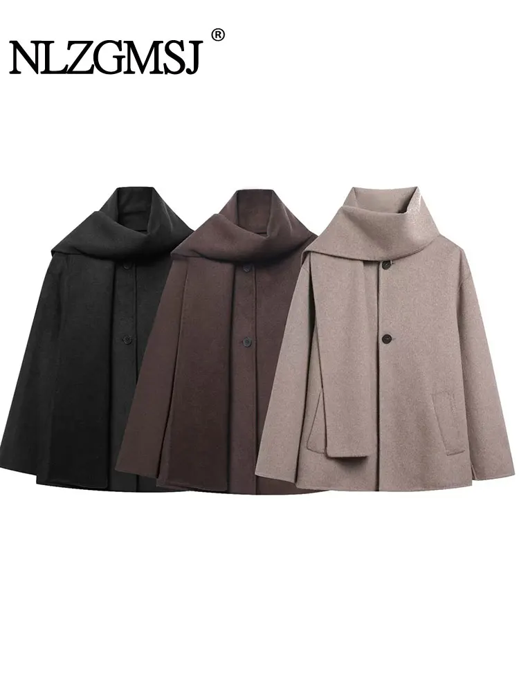 

Nlzgmsj Autumn Elegant Chic Oversized Scarf Loose Jackets Women Long Sleeve Buttons Pockets Coats Fashion Tops