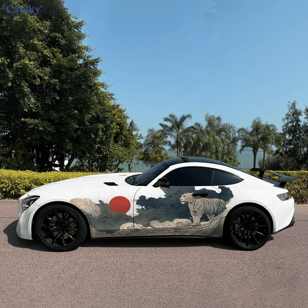 

Ревущие тигровые волны, красное солнце, автомобильные виниловые наклейки, самоклеящаяся наклейка из ПВХ, подходит для грузовиков, внедорожников, декора, автоаксессуары, подарок