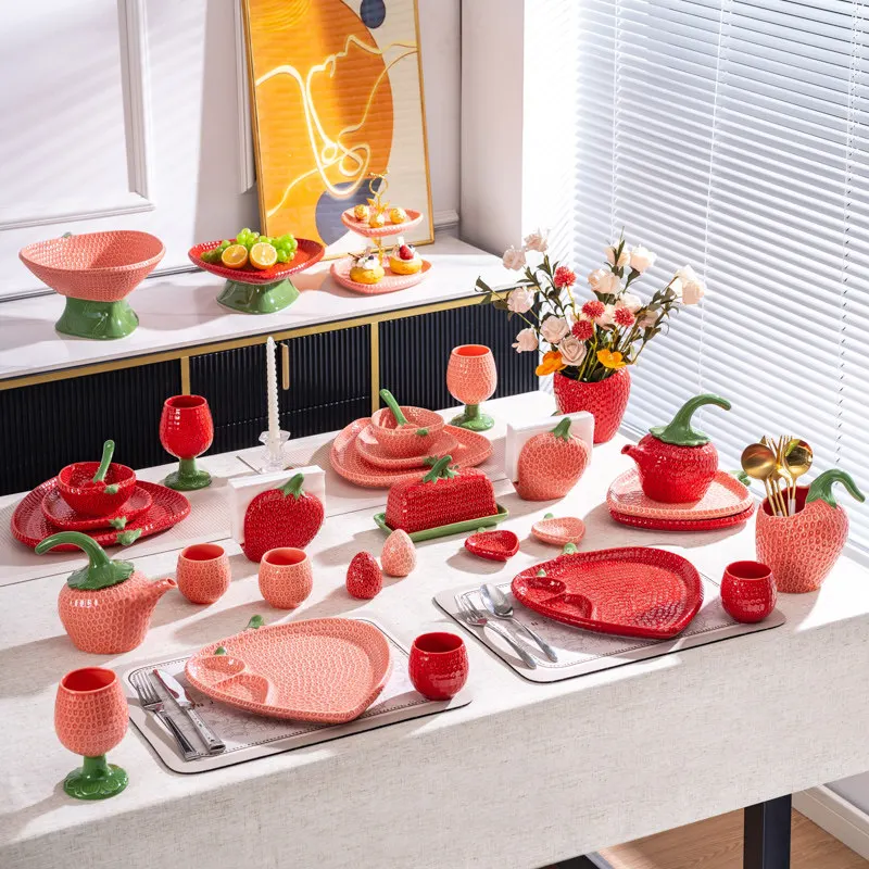 Cute Strawberry Shape Ceramic Tableware, Creative Fruit Dinner Plate Bowl Mug Teapot, Home Kitchen Dinnerware, Party Table Decor