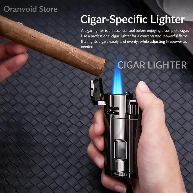 HONEST Metal Multifunctional Outdoor Windproof Butane Gas Lighter Turbo 3 Torch Blue Flame Straight Cigar Lighter Men's Gift