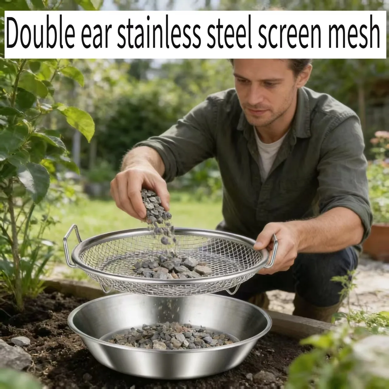 

2026New Heavy Duty Dual Ear Garden Sieve Stainless Steel Mesh Garden Soil Sieve for Gardening Garden Potted Plants Seedlings