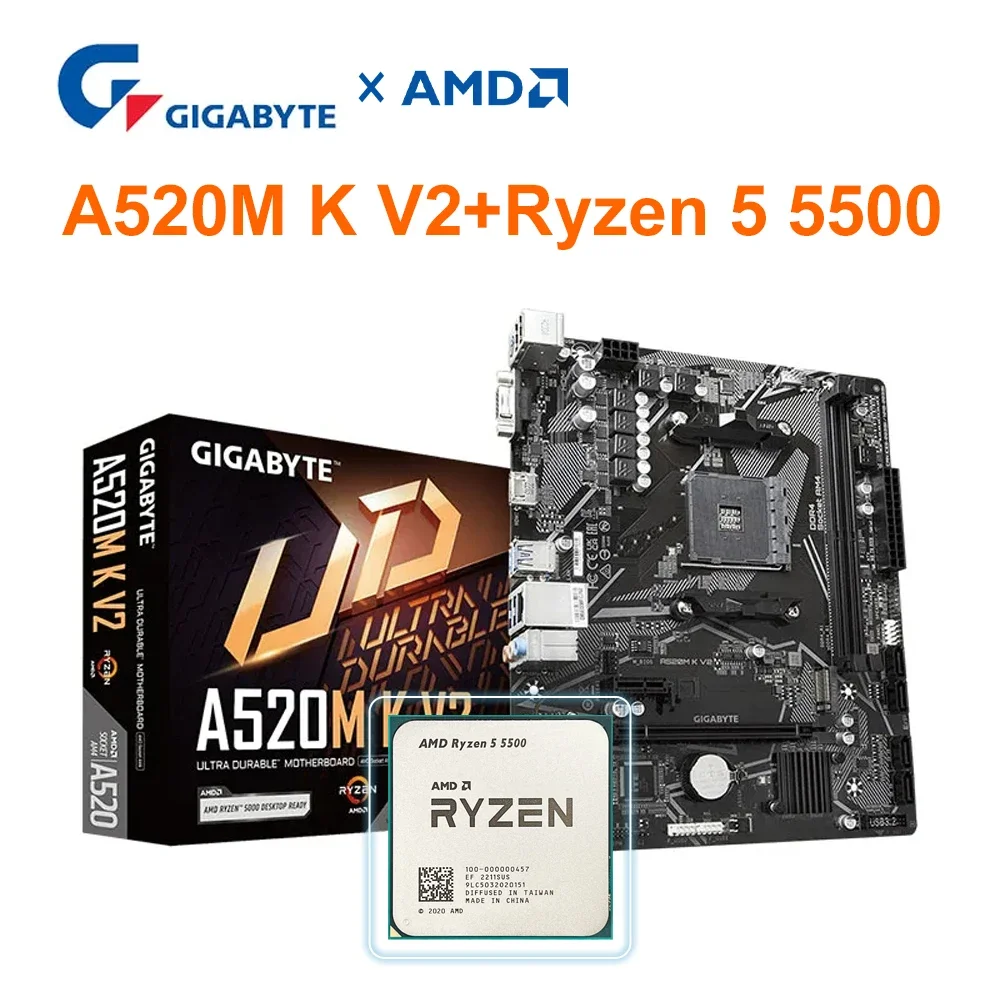 AMD Ryzen 5 5500 + GIGABYTE A520M K V2 Комплект процессора для материнской платы DDR4 64 ГБ 5100 (наружный диаметр) Комплект розеток AM4 Micro-ATX 5500+A520