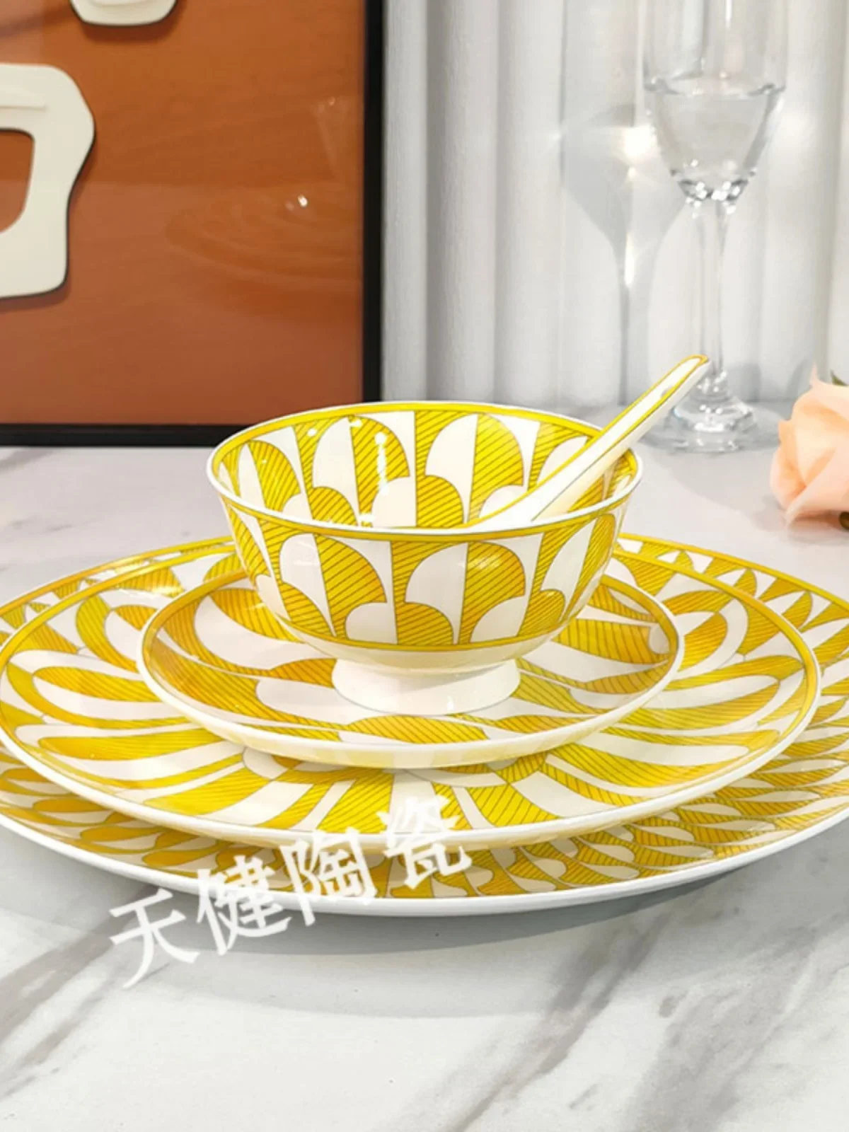 

European simple bone china ceramic bowl western plate geometry dishes and plates sets vajillas stainless steel plates for food