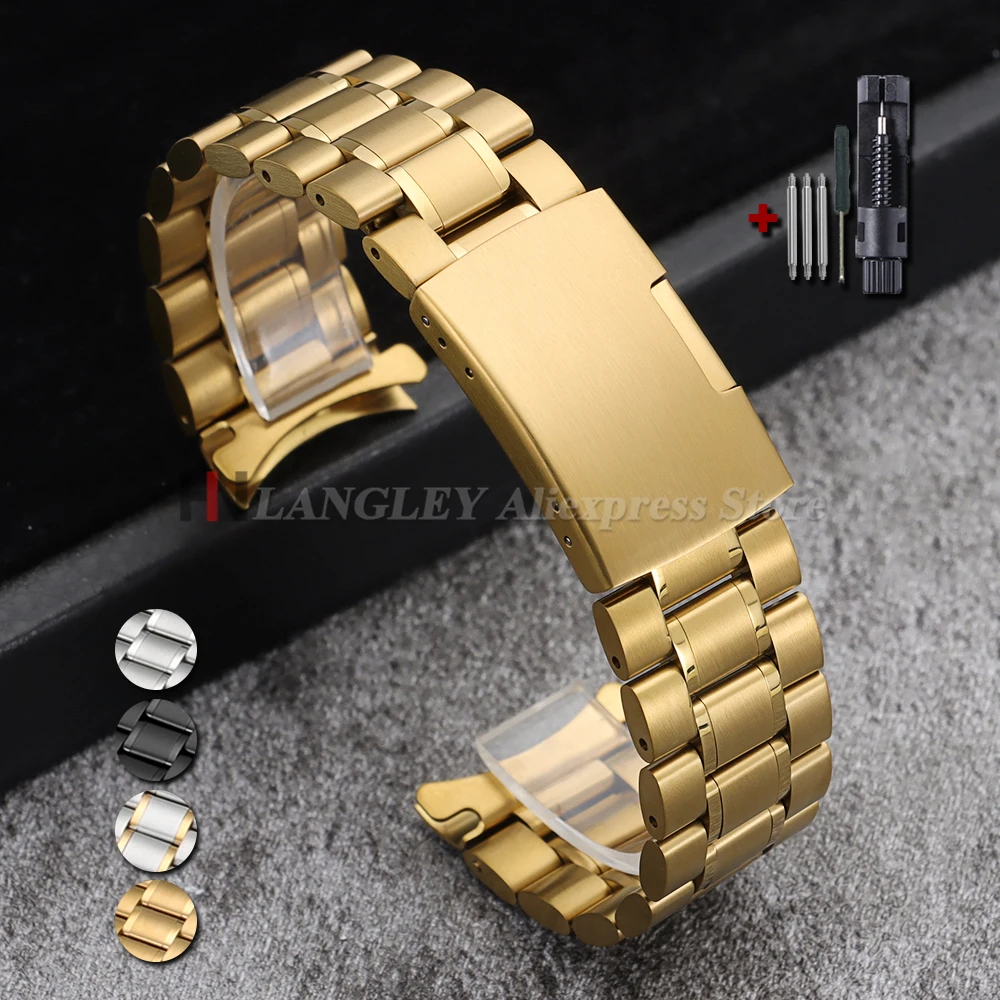 Edelstahl-Uhrenarmband mit gebogenem Ende, 16/18/20/22/24 mm, für Seiko, Metall-Uhrenarmband für Herren und Damen, Faltschließe, universelle Uhrenarmbänder