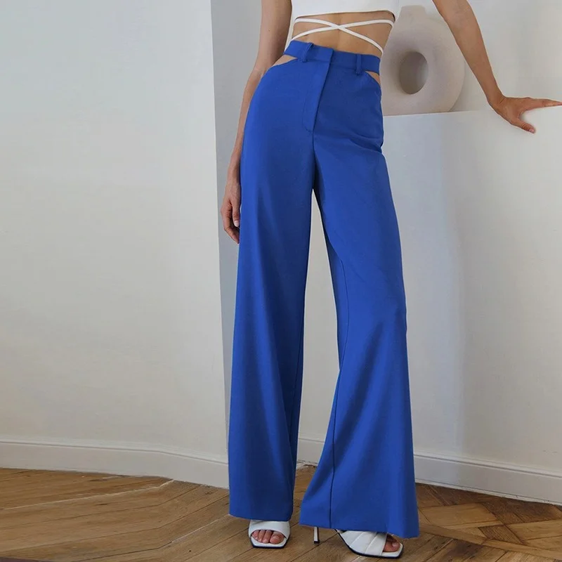 

Fall 2024 New Thin Trousers Loose Wide-leg Pants Blue Hollow Sexy Female Fashion Casual Trend High Waist Stretch Pants Women