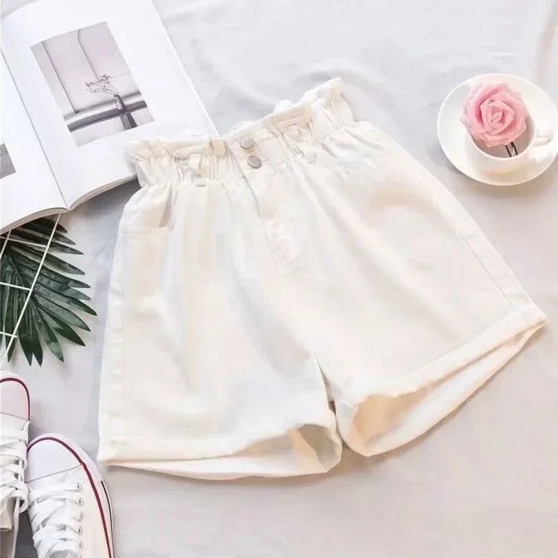 Summer Women's Shorts Korean Fashion Blue Cotton Denim Shorts Female Elastic Waist Loose Casual Wide Leg Shorts for Women