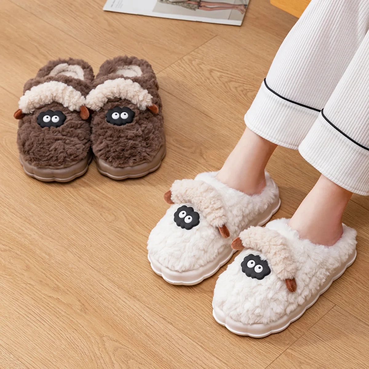 Home Fuzzy Slipper Women Winter Warm Sheep Cartoon Fur Plush Indoor Lazy Female Thermal Furry House Shoe Funny Flat flip flop