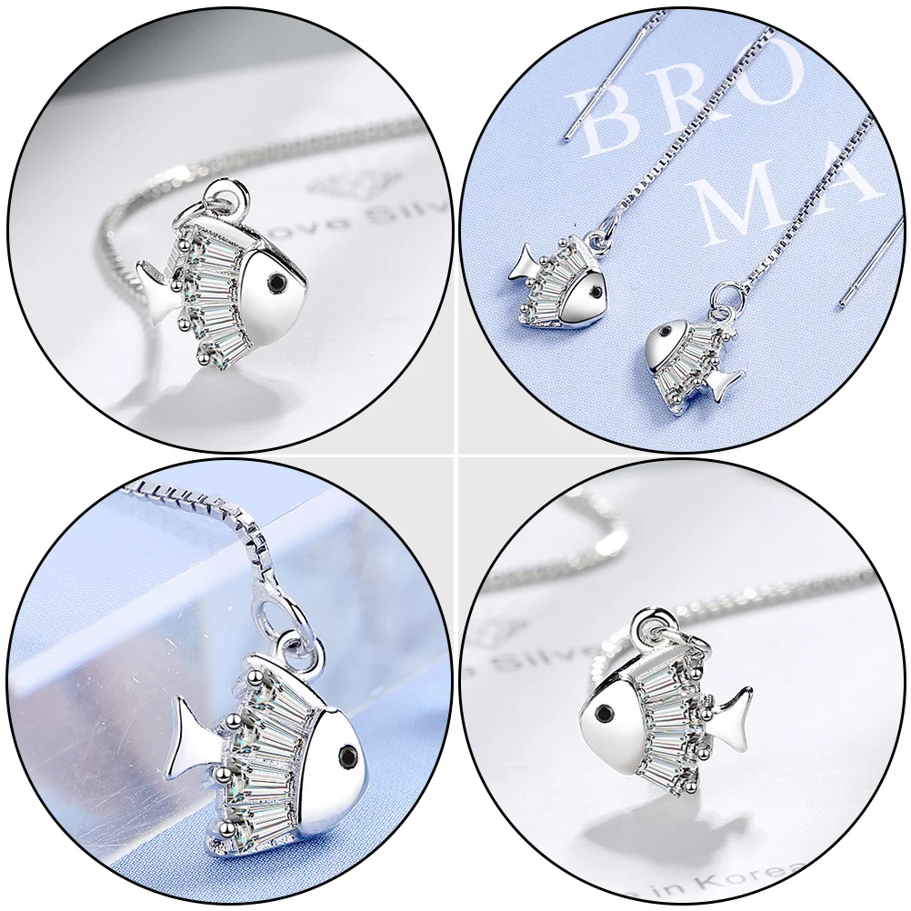

1Pair Fish Shaped Zirconia Earrings Silver Unique Design Long Earrings Daily Wear Chic Ear Decoration Gift Ear Accessory