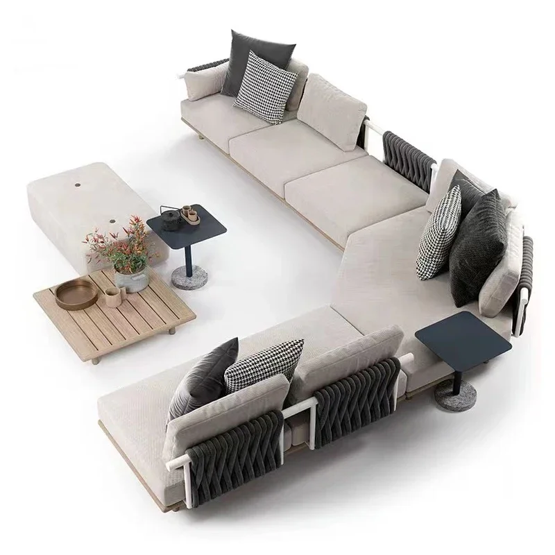 

Premium Luxury Outdoor Sofa Rattan Woven Solid Wood L-shaped Sofa Villa Garden Patio Combined Furniture Set