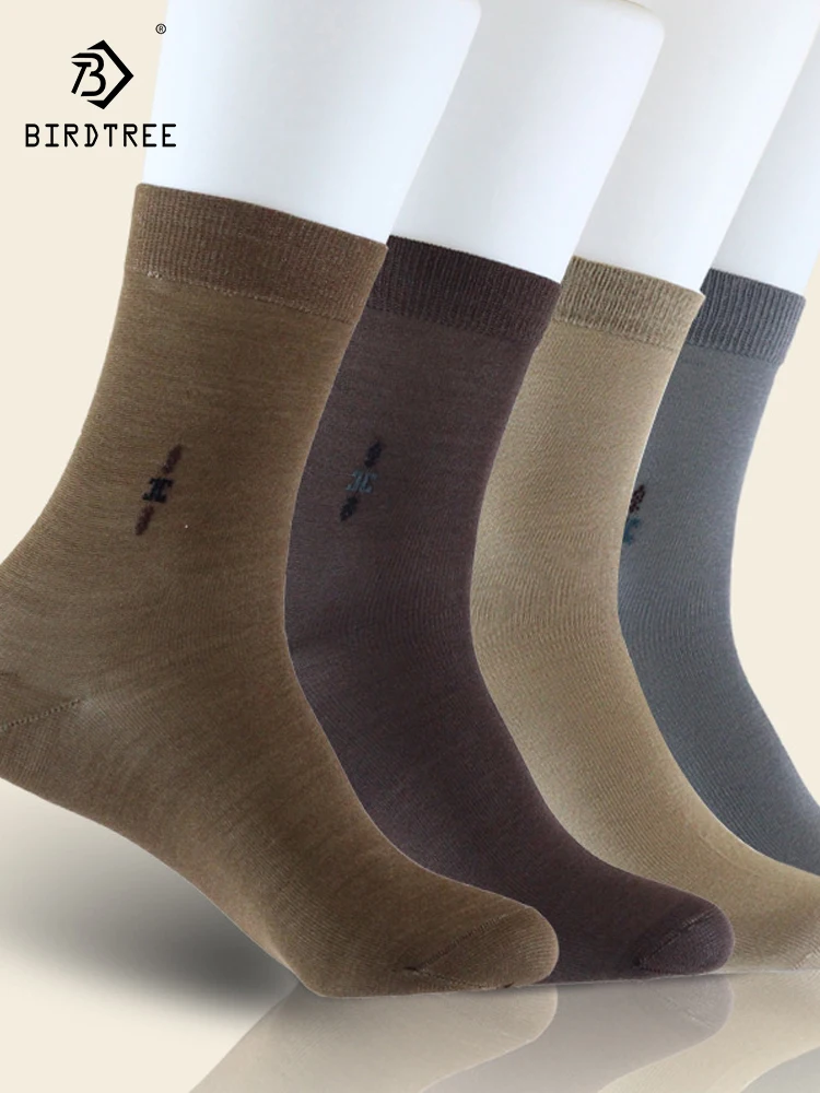 Birdtree 80% Silk Socks Men Short Breathable Odorless Thickened Floor Warm Knitted Socks Spring and Autumn A37210QC