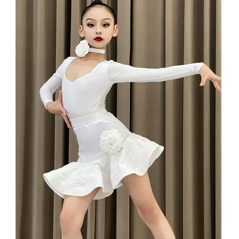 autumn and winter new Latin dance dress children's training dress girls dance dress white simple long-sleeved suit