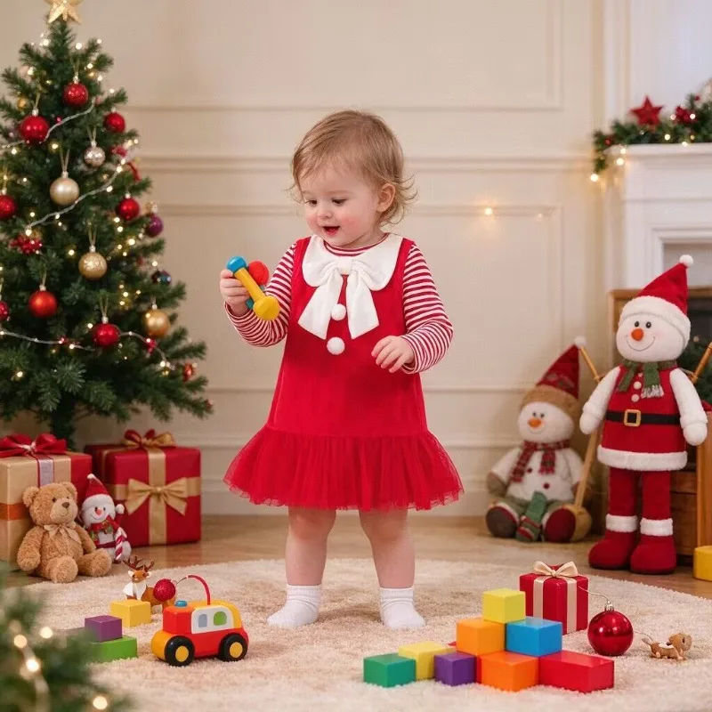 2Pcs Toddler Girls Xmas Set Striped Top Bow Pom pom Tulle Sleeveless Dress Toddler Girls Autumn Winter Holiday Costume Outfit