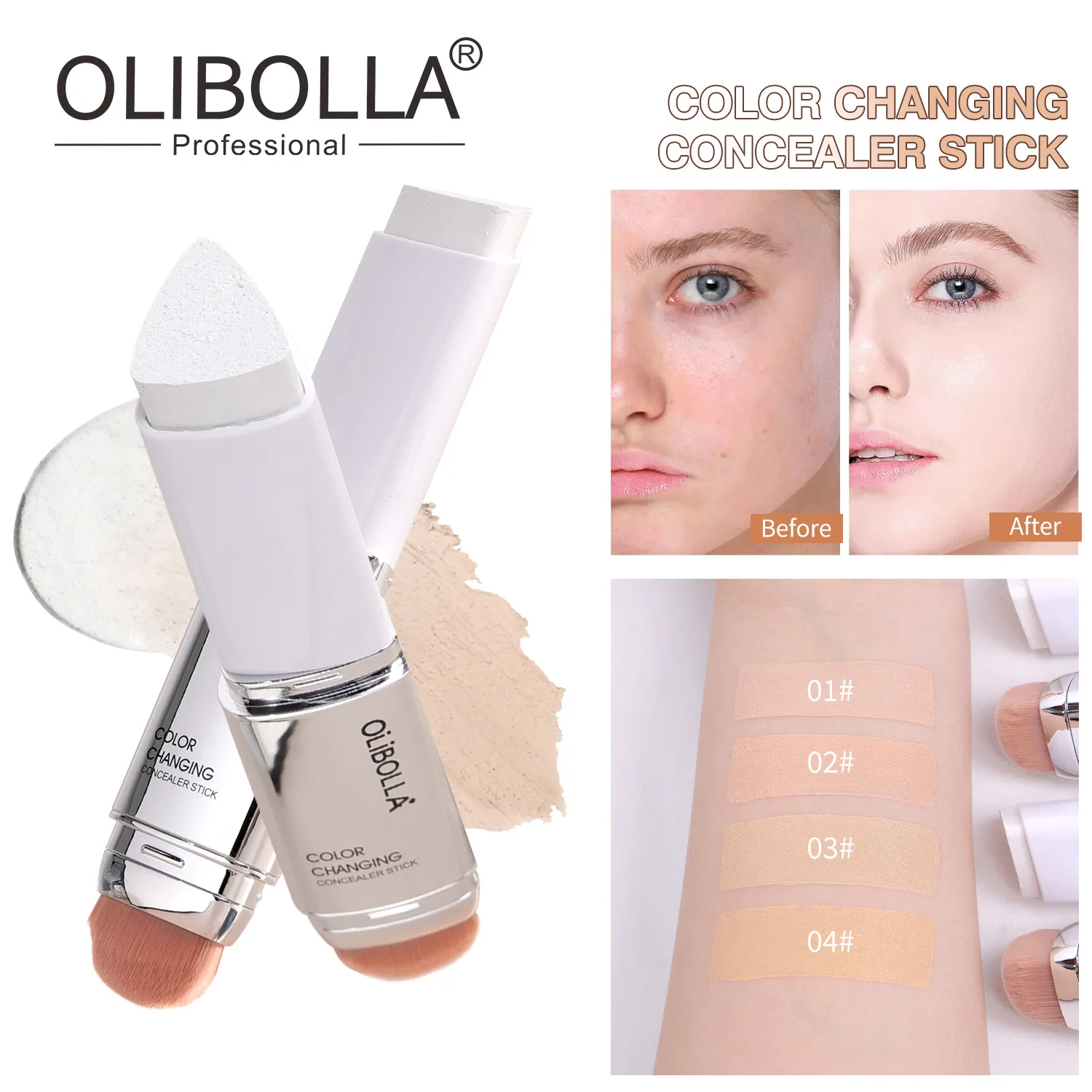 OLIBOLLA Dual‑Ended Triangle Color‑Changing Foundation Stick, Hydrating Concealer Cream, Waterproof Long‑Lasting Non‑Caking Face