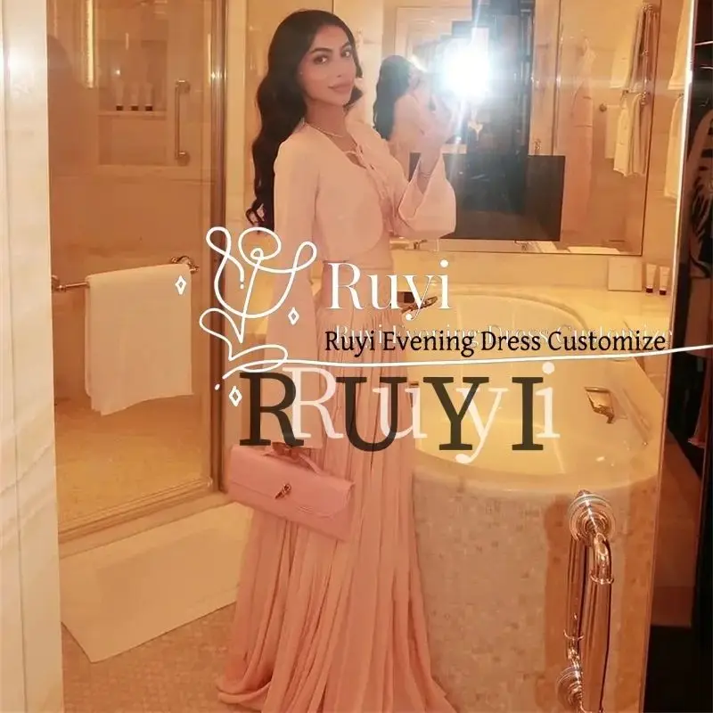 

Customized Elegant Sweet Pink Chiffon Evening Dresses with Jacket Long Sleeves Beads Prom Floor-Length Party Gown